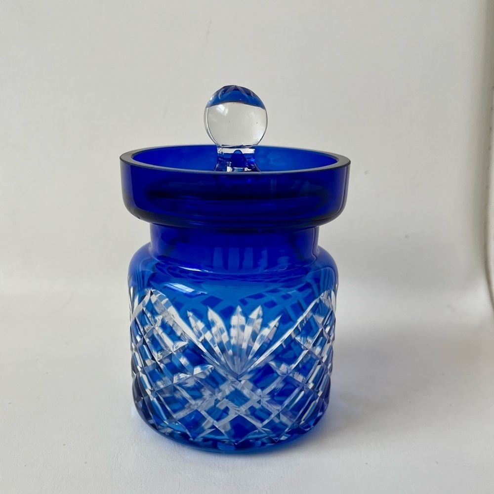 Cobalt Blue Cut To Clear Crystal Biscuit Jar - Picture 9 of 11